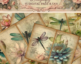 Dragonfly Junk Journal Printable -Vintage Ephemera - Digital Collage Kit for Creative Journaling