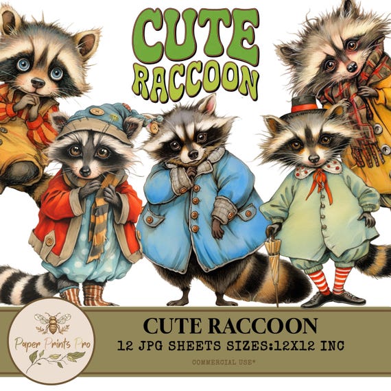 Printable Raccoon Clipart – 12 Vintage Animal Illustrations for Scrapbooking and Crafts – PaperPrintsPro