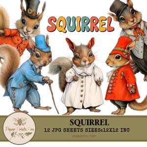 Vintage Squirrel Clipart - 12 JPG Images - 12x12 Inches - Digital Download for scrapbooking - PaperPrintsPro