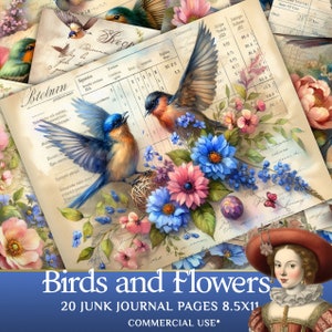 Birds and Flowers Junk Journal Digital Paper Kit - Printable Journal Pages for Creative Scrapbook Projects