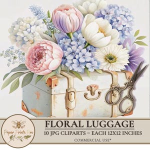 Floral Luggage Clipart Set – 10 Vintage Suitcases with Pastel Flowers JPG 12x12 for Junk Journal, Scrapbooking by PaperPrintsPro