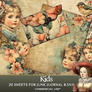 Junk Journal Kit with illustrations of flowers,birds and vintage kids - 20 pages and envelope included!  For creative projects and diary