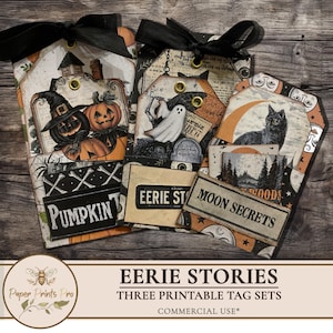 Spooky Halloween- 3 Loaded Pocket Tags  for Junk Journals and Scrapbooking, Ephemera Digital Download