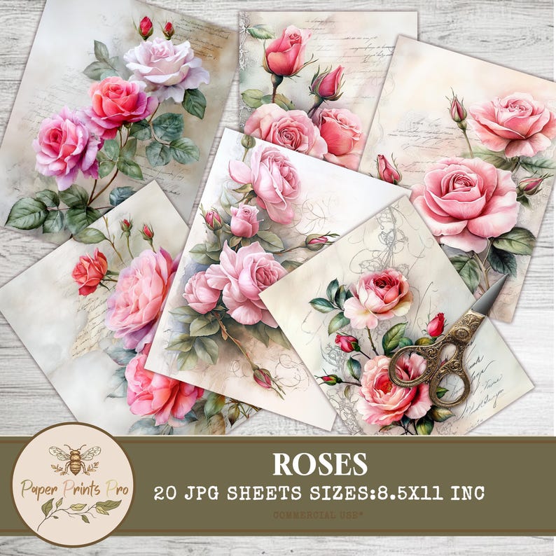 Pink Roses Prinatable Printable Rose Clipart – 20 Pink Roses and Bouquets for Scrapbooking ...