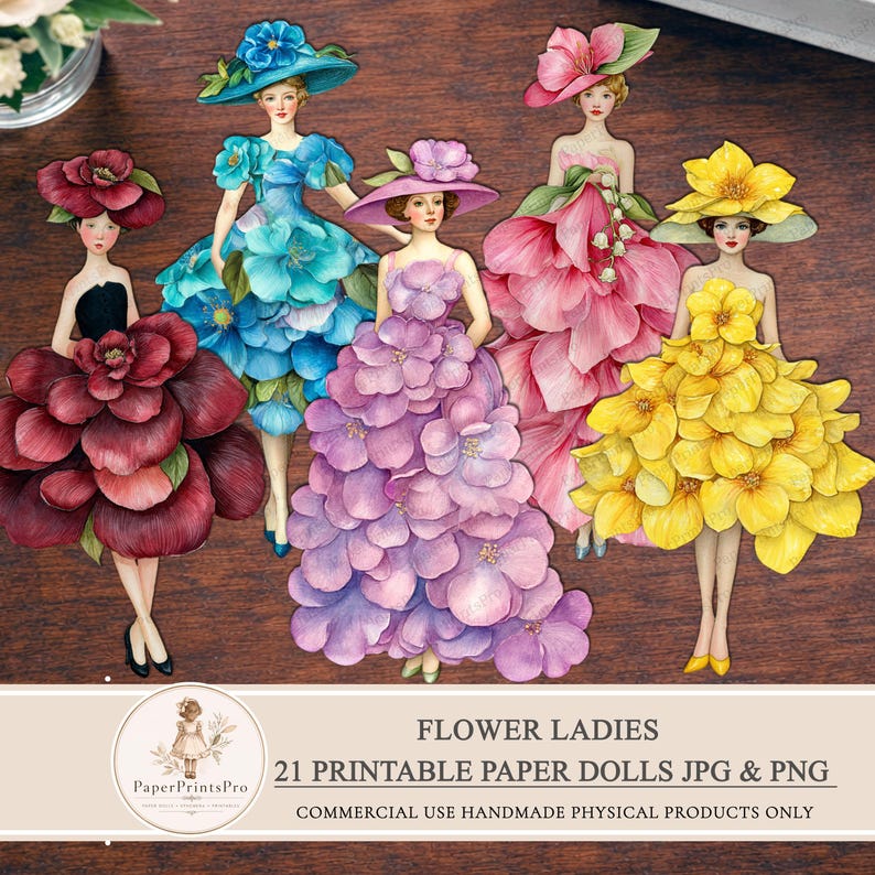 Printable paper dolls with flower dresses, women in bright botanical outfits, floral ephemera set for junk journal, scrapbooking, mixed media and collage projects, digital download includes JPG sheets and PNG cut files by PaperPrintsPro