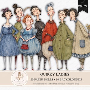 Peut inclure: Illustration à l'aquarelle de sept dames excentriques dans diverses tenues. L'image présente des traits exagérés et des vêtements uniques, notamment des robes, des manteaux et des accessoires. Le texte indique "QUIRKY LADIES" et "20 PAPER DOLLS • 10 BACKGROUNDS".