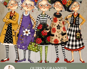 24 PNG Paper Dolls,  Printable Old Ladies , Quirky Grannies Clipart, Junk Journal, Scrapbooking, PaperPrintsPro