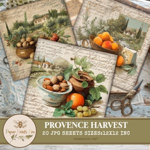 Provence Harvest Digital Paper, Rustic French Farm, Printable Scrapbook, Vintage Fruits & Fields, 20 JPG Sheets
