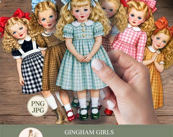 Printable Paper Dolls Kit, Gingham Girls PNG, Junk Journaling, Ephemera, Scrapbooking , Cut Out, PaperPrintsPro
