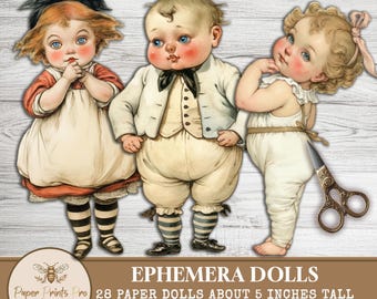 Paper Dolls – 28 Printable Cutout Dolls-Vintage Ephemera Kids DIY  -Clip Art - PaperPrintsPro
