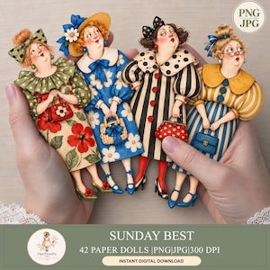 May include: Four illustrated paper dolls featuring women in vintage-style outfits, including floral dresses, striped coats, and accessories like hats and handbags. The dolls are presented as a digital download set labeled Sunday Best with 42 dolls.