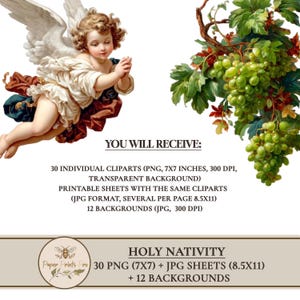Holy Nativity clipart set with 30 PNG figures and matching JPG print sheets plus 12 backgrounds. Includes Holy Family, wise men, shepherds, angels, animals and Bethlehem star in vintage illustration style. Perfect printable ephemera for Christmas crafts, junk journal, card making and papercraft. Digital download by PaperPrintsPro.