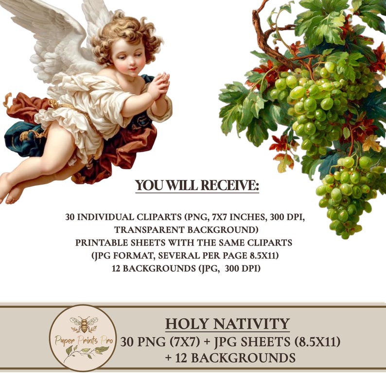 Holy Nativity clipart set with 30 PNG figures and matching JPG print sheets plus 12 backgrounds. Includes Holy Family, wise men, shepherds, angels, animals and Bethlehem star in vintage illustration style. Perfect printable ephemera for Christmas crafts, junk journal, card making and papercraft. Digital download by PaperPrintsPro.