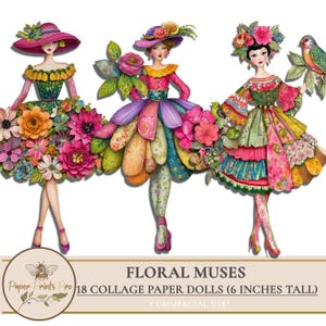 Utskrivbara pappersdockor i blommiga klänningar för collage, dagböcker, kort, blandteknik – PaperPrintsPro