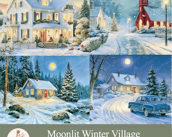 Christmas Digital Paper, Winter Backgrounds, Moonlit Winter Village, Junk Journal Pages , Scrapbook Papers,  PaperPrintsPro