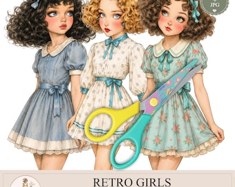 Bonecas de papel para imprimir, garotas retrô, clipart de boneca vintage dos anos 50 em PNG, recortes para diário, PaperPrintsPro