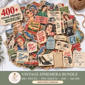 May include: A collection of vintage ephemera featuring over 400 paper cutouts including retro advertisements, illustrations of women, bluebirds, a red car, a telephone, and text such as 400+ VINTAGE EPHEMERA, Good Coffee, and Special Value 59c.