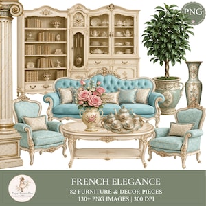 May include: A collection of cream and light blue furniture including a tufted sofa, two armchairs, a coffee table, a bookshelf, and a grandfather clock. Also features a potted tree, a tall vase, and a tea set with a floral vase of pink roses.