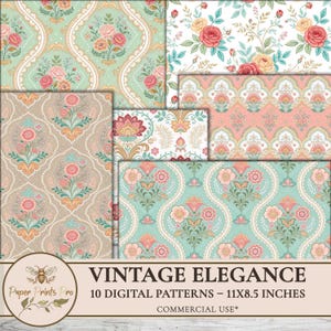 Digital Papers – 10 Floral Patterns, Rose Backgrounds, Ornamental Printable Designs -PaperPrintsPro