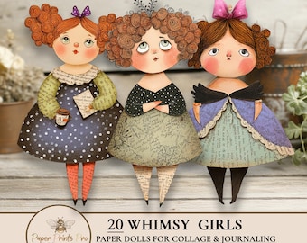 Printable Paper Dolls Whimsy Girls for Junk Journals, Cardmaking and Collage Art by PaperPrintsPro