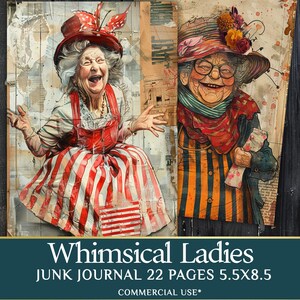 Whimsical Old Lady Journal Pages - 22 half page Funny Old Ladies - Quirky Grandy Clipart - PDF Download