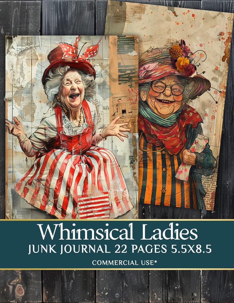 Whimsical Old Lady Journal Pages - 22 half page Funny Old Ladies - Quirky Grandy Clipart - PDF Download