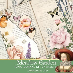 Digital Paper Set - botanical journal Meadow Garden with wildflowers-pockets,  envelope and juornal ephemera included.