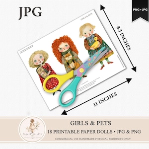 Whimsical printable paper dolls featuring charming girls holding animals including foxes, frogs, kittens, rabbits, ducks, geese, owls, goats, chickens, raccoons, piglets and more. Includes PNG files with transparent backgrounds and ready-to-print JPG pages. Storybook watercolor illustration style with soft vintage-inspired colors, designed for junk journals, scrapbooking, collage, handmade crafts and creative projects by PaperPrintsPro.