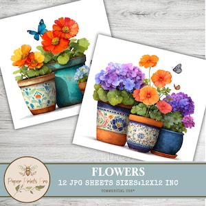 Printable Floral Clipart – Watercolor Flower Pots, Butterflies and Botanical Pages for Junk Journals – PaperPrintsPro