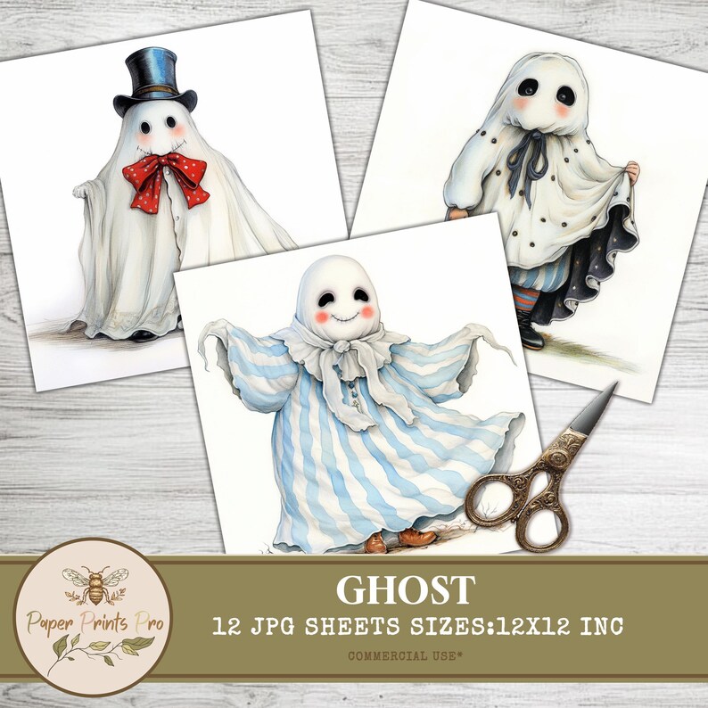 Vintage Ghost Clipart - 12 Digital JPG, 300 DPI for Scrapbooking, Junk Journals & Cards -Paper Prints Pro