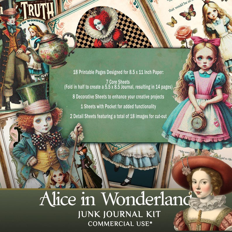 Alice in Wonderland Junk Journal Kit – Vintage Printable Digital Paper ...