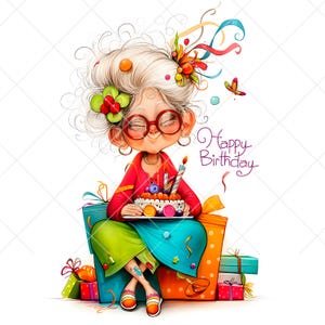 Quirky birthday cake clipart - 10 JPG  Vibrant Birthday Grandma Illustrations for Crafts GIFT- greeting card