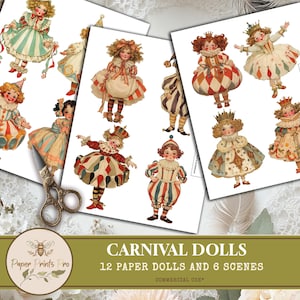 Paper Dolls - 12 Carnival-Themed Dolls and 6 Vintage Scenes for Junk Journals, Scrapbooking, and Puppet Stories
