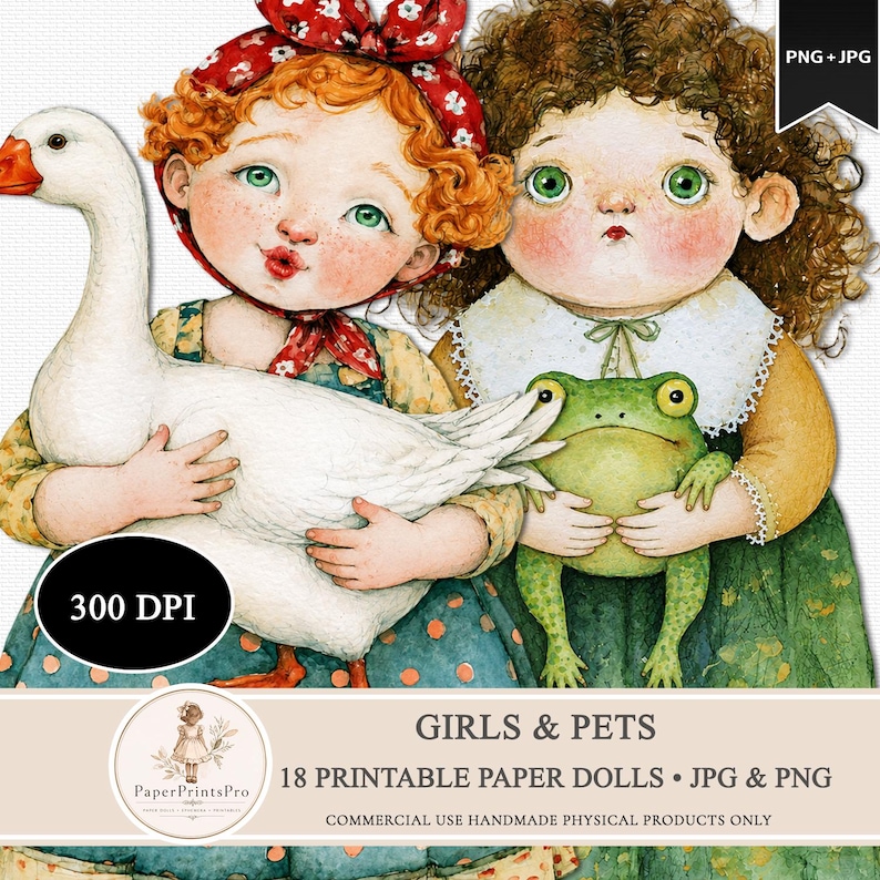 Whimsical printable paper dolls featuring charming girls holding animals including foxes, frogs, kittens, rabbits, ducks, geese, owls, goats, chickens, raccoons, piglets and more. Includes PNG files with transparent backgrounds and ready-to-print JPG pages. Storybook watercolor illustration style with soft vintage-inspired colors, designed for junk journals, scrapbooking, collage, handmade crafts and creative projects by PaperPrintsPro.