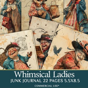 Whimsical Old Lady Journal Pages - 22 half page Funny Old Ladies - Quirky Grandy Clipart - PDF Download