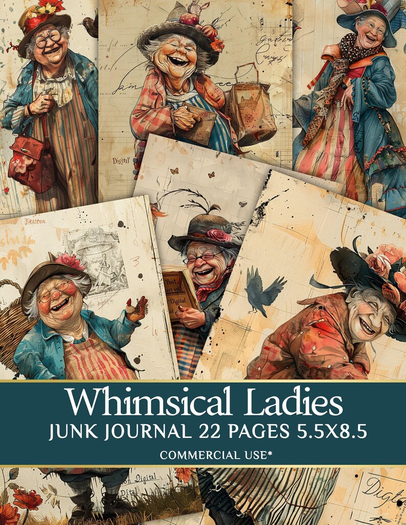 Whimsical Old Lady Journal Pages - 22 half page Funny Old Ladies - Quirky Grandy Clipart - PDF Download