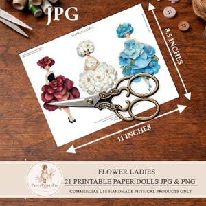 Printable paper dolls with flower dresses, women in bright botanical outfits, floral ephemera set for junk journal, scrapbooking, mixed media and collage projects, digital download includes JPG sheets and PNG cut files by PaperPrintsPro