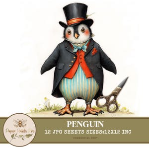 Vintage Penguin Clipart - 12 Digital JPG, 300 DPI for Scrapbooking, Junk Journals & Cards - Paper Prints Pro