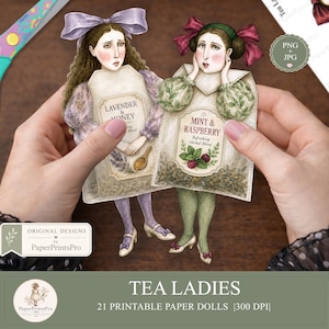Paper Dolls, PNG JPG, Printable Tea Bag Ladies, Vintage Ephemera, Junk Journal, PaperPrintsPro