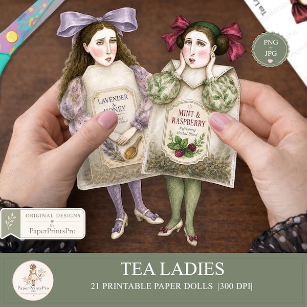 Paper Dolls, PNG JPG, Printable Tea Bag Ladies, Vintage Ephemera, Junk Journal, PaperPrintsPro