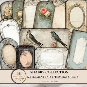 Pacchetto di effimeri • Etichette, cartellini e cornici floreali vintage shabby chic, ritagli per scrapbooking con effetto patina - Kit stampabile PaperPrintsPro