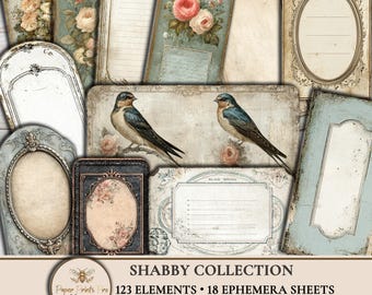 Ephemera Pack • Vintage Shabby Floral Labels, Tags ,Frames Cutouts Scrapbooking Patina Printable Kit -PaperPrintsPro