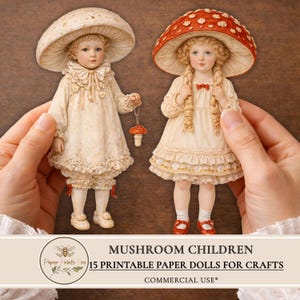 Printable Paper Dolls Mushroom Children Vintage Style Ephemera for Junk Journals & Crafts - PaperPrintsPro