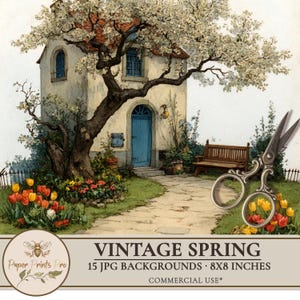 Printable Vintage Spring Backgrounds | 15 Illustrated Scenes with Tulips, Blossoming Trees, Benches, Garden Paths -8x8 JPG by PaperPrintsPro