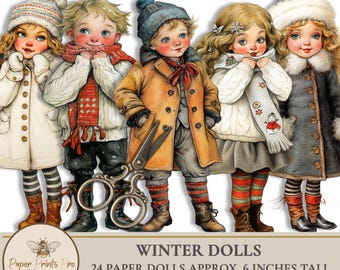 Winter Kids Paper Doll Set: Printable Holiday Craft Project for junk journal and collage