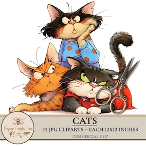 Funny Cartoon Cats Clipart Bundle – 15 JPG Images 12x12 for Cards, Crafts, Junk Journals – PaperPrintsPro