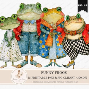 Puede incluir: Ilustración en acuarela de cuatro ranas antropomórficas vestidas con varios atuendos. Una rana lleva un vestido de lunares, mientras que otras lucen chaquetas, pantalones y zapatos. Incluye el texto "FUNNY FROGS" y "15 PRINTABLE PNG & JPG CLIPART".