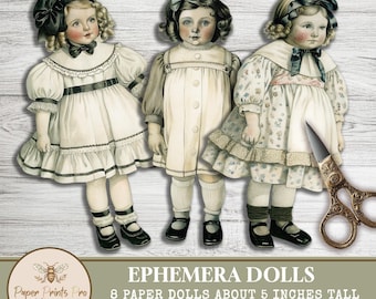 Vintage Paper Dolls Ephemera: 8 B&W Designs for DIY (Digital Download)