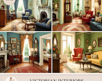 Victorian Interiors Backgrounds, Printable Living Rooms, Library Scenes, Junk Journal Paper, Scrapbook Pages ,PaperPrintsPro