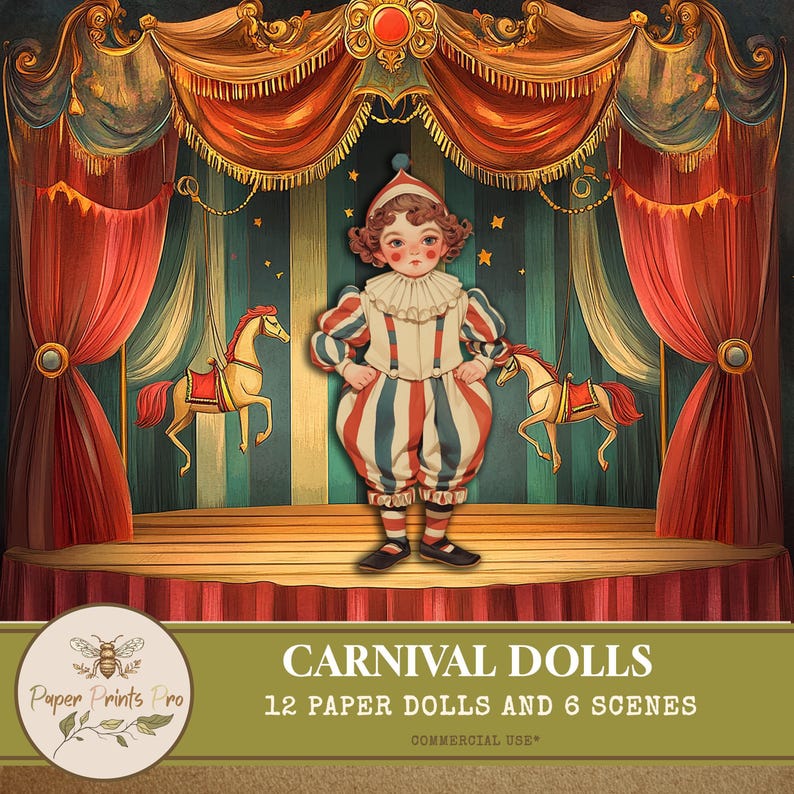 Paper Dolls - 12 Carnival-Themed Dolls and 6 Vintage Scenes for Junk Journals, Scrapbooking, and Puppet Stories
